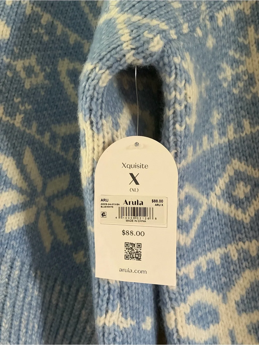 Arula NWT Blue White Bow Snowflake Fair Isle Sweater X / XL Xquisite - Picture 5 of 8